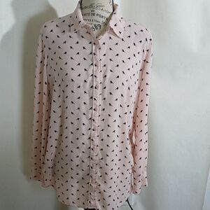Talbots Womem's Pink  Blouse with Black Bird Pattern Size M